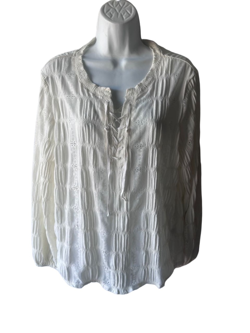 Frye & Co White Boho Peasant Blouse Smocked Eyelet Lace Up Size L